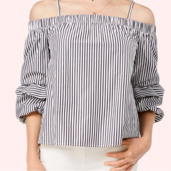 Velvet Heart Blue Preppy Oxford Pinstripe Off Shoulder Top Adjustable Strap Sz M - Picture 1 of 11